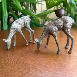 Vintage Brass Deer One Candlestick and 1 Regular Set of 2